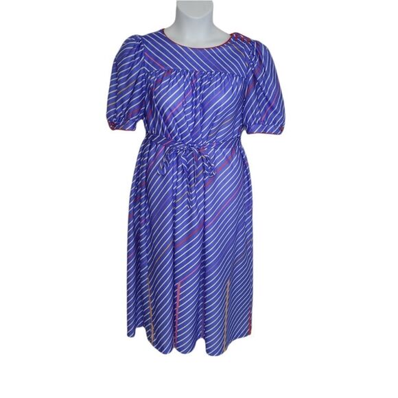 Vintage Dresses & Skirts - VINTAGE 70s‎ dress blue striped puff sleeve tie waist midi M